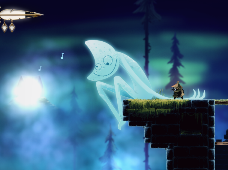 Well Dweller gameplay showing Glimmer beside a large glowing ghostly creature in a blue-green forest