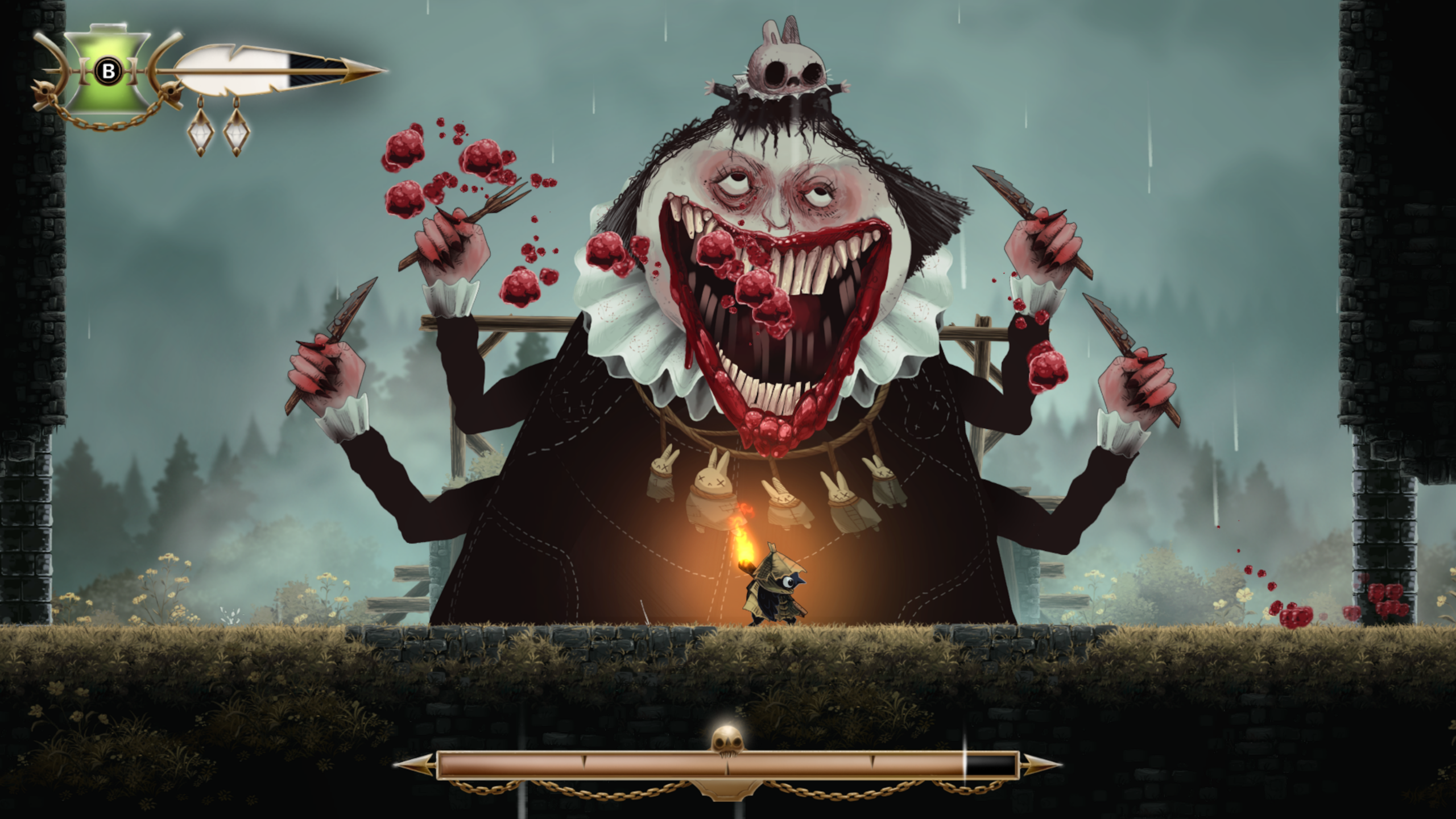 Well Dweller boss fight showing Glimmer facing a huge multi-armed monster with a wide mouth and knives