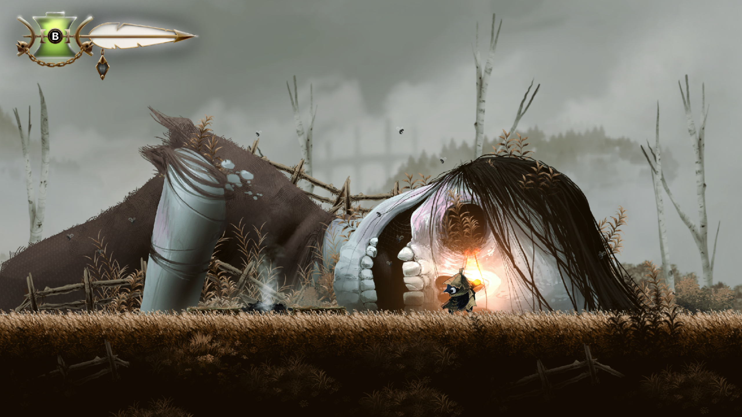 Well Dweller gameplay showing Glimmer exploring a bleak landscape dominated by an enormous fallen body